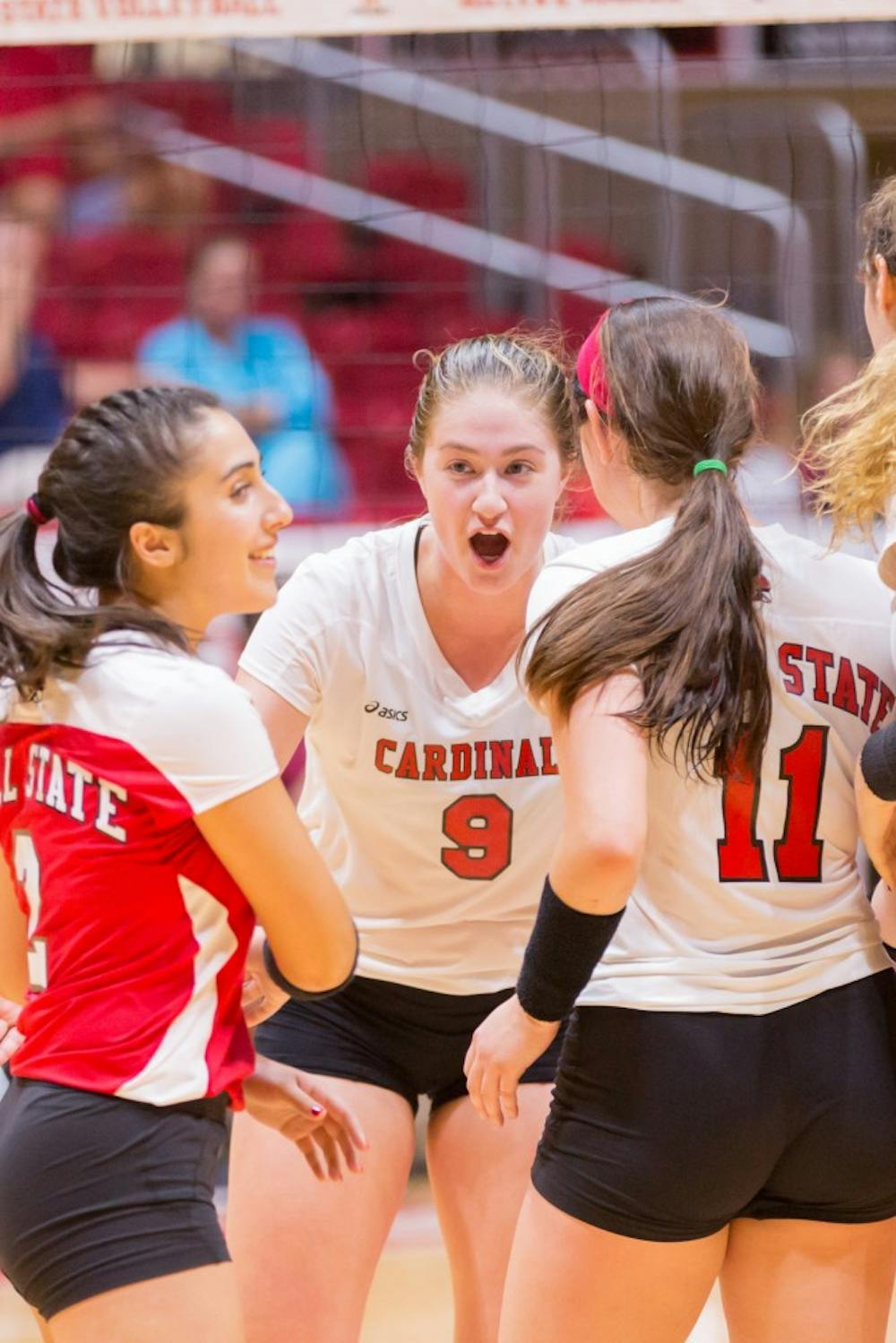 Junior outside hitter Sabrina Mangapora huddles up with her fellow teammates at the game against IUPUI on Aug. 31 at John E. Worthen Arena. Kyle Crawford // DN