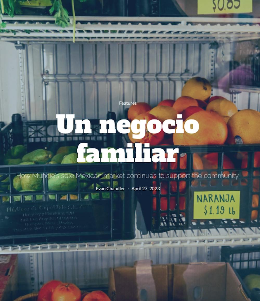 <p>Fruits and vegetables in a cooler a 3 Hermanos Supermarket in Muncie, Ind. April 16, 2023. J. Doudt </p>