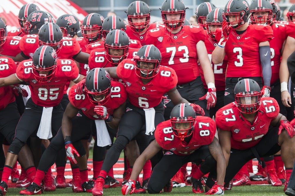 Ball State players rally together before the opening quarter against Northern Illionis University on Saturday, October 1 at Scheumann Stadium in Muncie, IN. NIU defeated the cardinals, 31-24. (DN, Grace Hollars) 