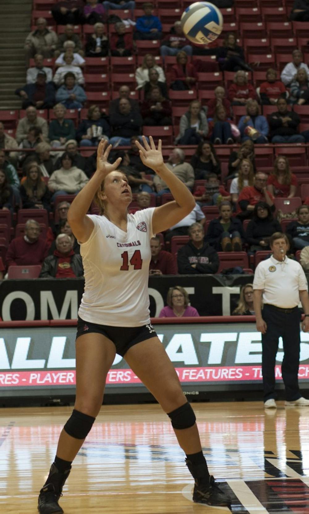Sophomore middle hitter Kelly Hopkins prepares to set the ball against Bowling Green State University on Oct. 25 at Worthen Arena. Hopkins had two digs in the match. DN PHOTO MATT McKINNEY