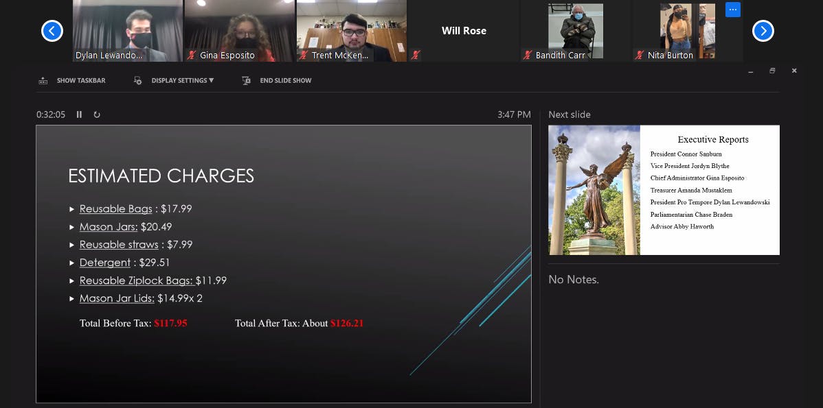 Senator Tina Nguyen presents the budget request for Dining in the Dark at the hybrid in-person meeting on March 17. The budget request passed 34-1, with five abstentions. Maya Wilkins, Screenshot Capture