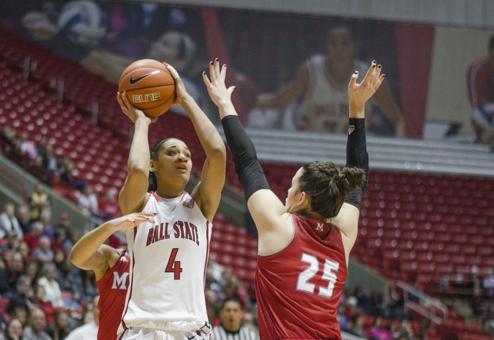 <p>Senior forward Nathalie Fontaine of the women's basketball team closely guarded by two Miami defenders on Jan. 9 at Worthen Arena. The Cardinals have averaged 86 points per game this season and will play Nov. 22 through 24 in the Savannah Invitational in Georgia. <em>Breanna Daugherty // DN File</em></p>