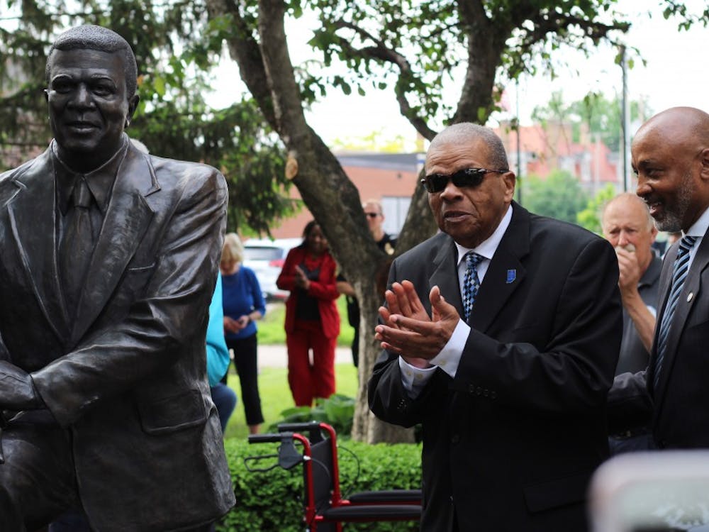 Hurley Goodall applauds at his statue dedication ceremony May 23, 2019, at Cornerstone Park. Goodall is a former Indiana state representative, former Muncie Community Schools Board member, veteran and one of the first African-American firefighters in the Muncie Fire Department. Britney S. Kendrick, DN