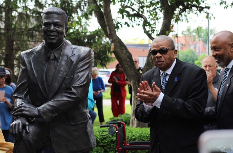 Hurley Goodall applauds at his statue dedication ceremony May 23, 2019, at Cornerstone Park. Goodall is a former Indiana state representative, former Muncie Community Schools Board member, veteran and one of the first African-American firefighters in the Muncie Fire Department. Britney S. Kendrick, DN