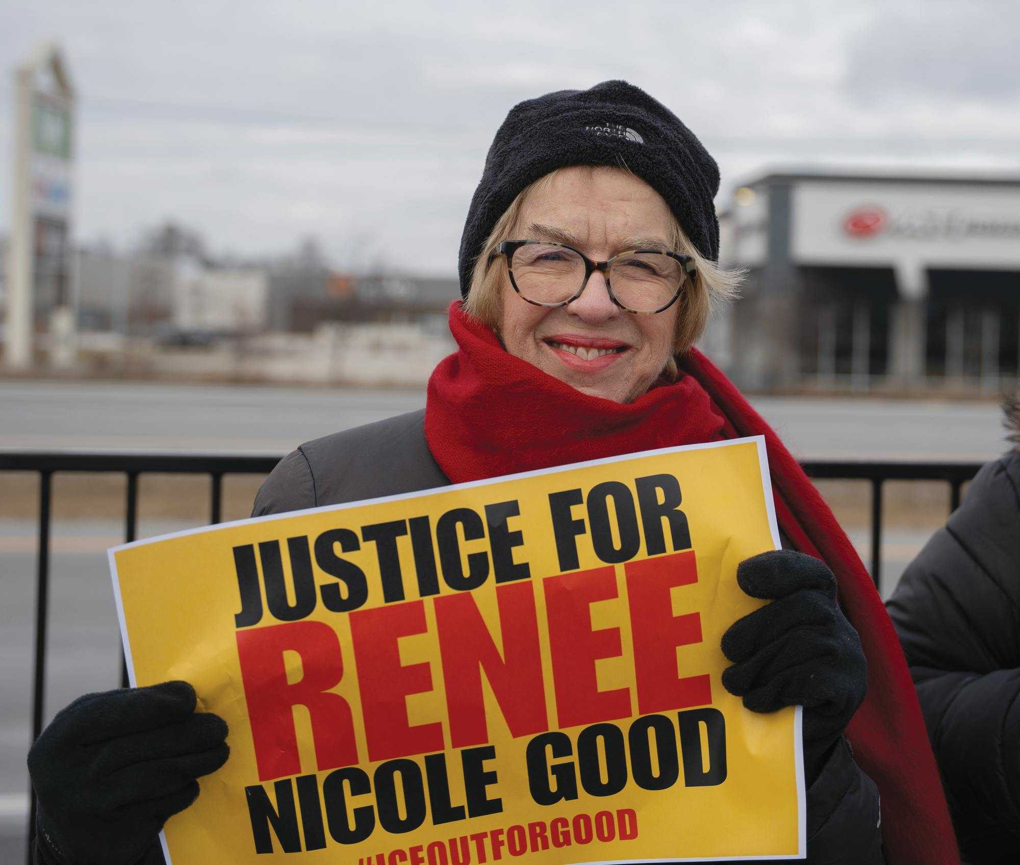 Sue Errington poses for a photo at Muncie’s “ICE Out for Good” protest Jan. 11 on West Clara Lane in Muncie. Kyle Ingermann, DN