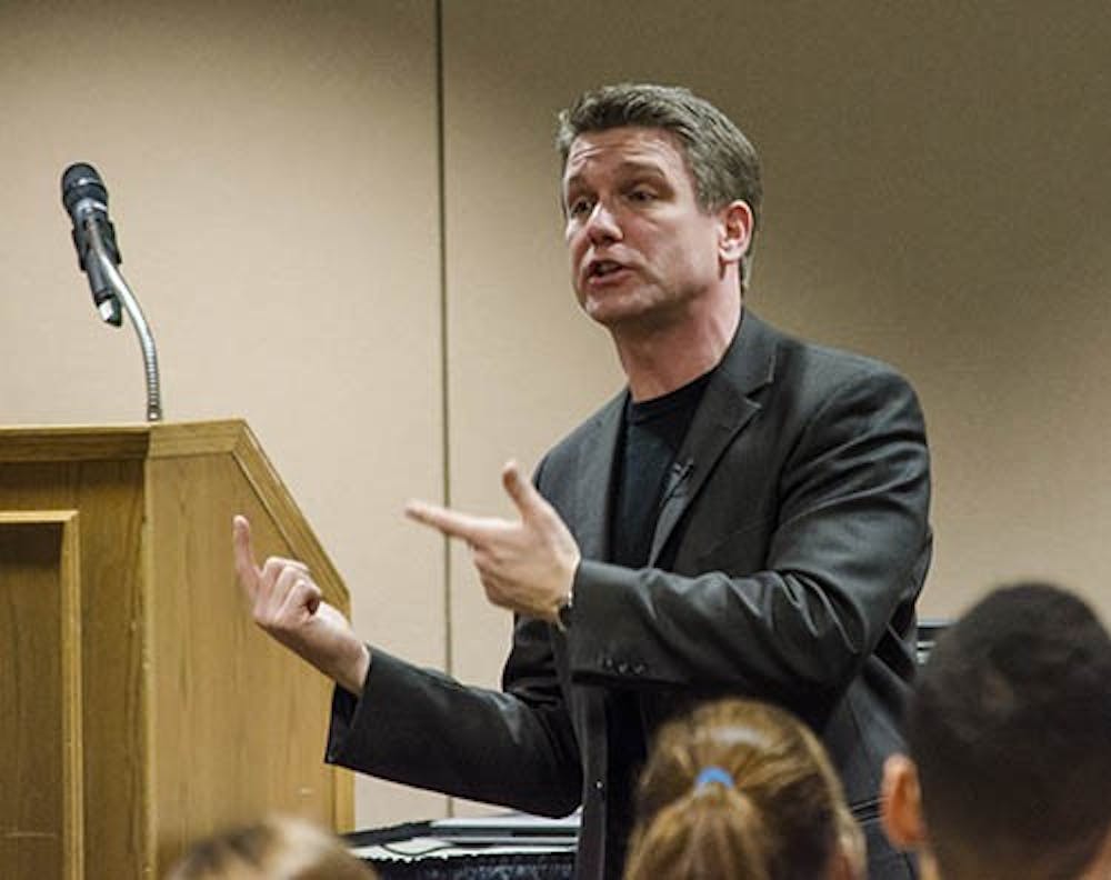Chris Westfall talks about the importance of the “so what” in a pitch Feb. 9 at the L.A. Pittenger Student Center. Westfall is the crowned National Elevator Champion and offered students an insight into better marketing themselves and their ideas. DN PHOTO COREY OHLENKAMP