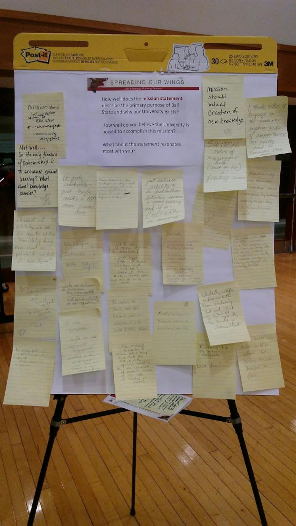 <p>A board displaying comments and concerns from faculty members at the second strategic plan open forum Friday, Oct. 12, in the L.A. Pittenger Student Center Ballroom. Ball State President Geoffrey Mearns said the committee has received 400 survey responses from faculty regarding the plan. <strong>Charles Melton, DN</strong></p>