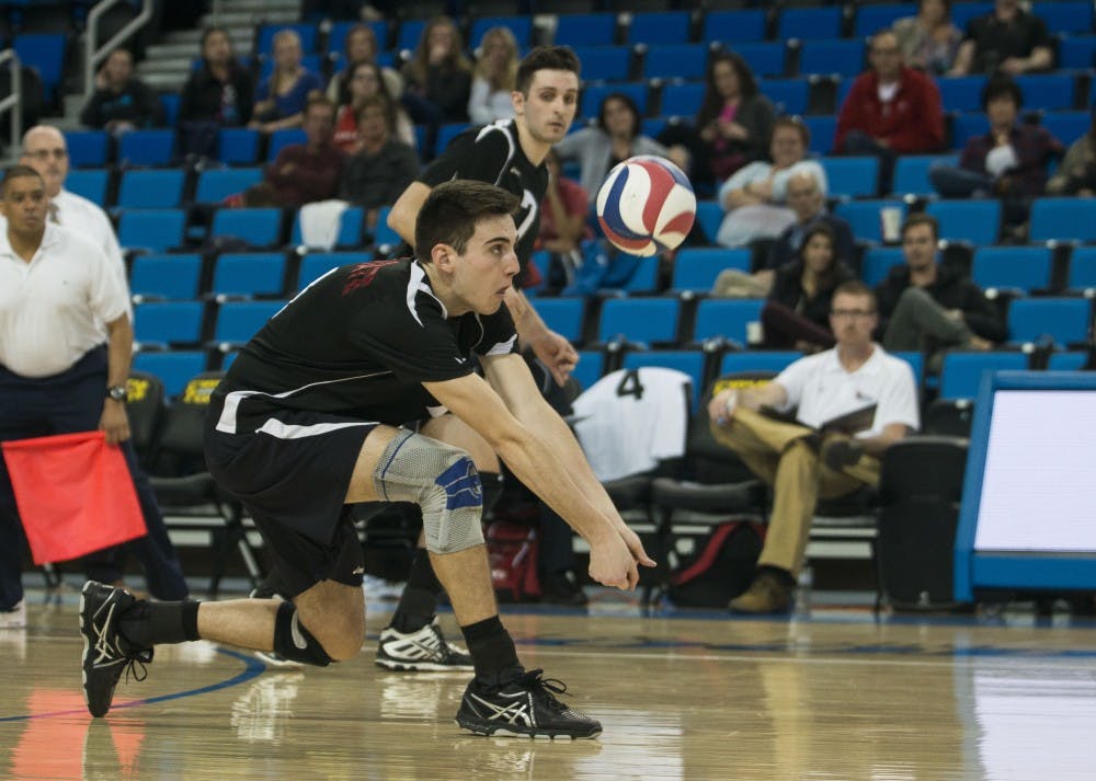 <p>The men's volleyball team faced&nbsp;University of California at Los Angeles&nbsp;on March 7 at Pauley Pavilion. The team lost 3-0, making their Spring Break record 2-2. DN PHOTO BREANNA DAUGHERTY</p>