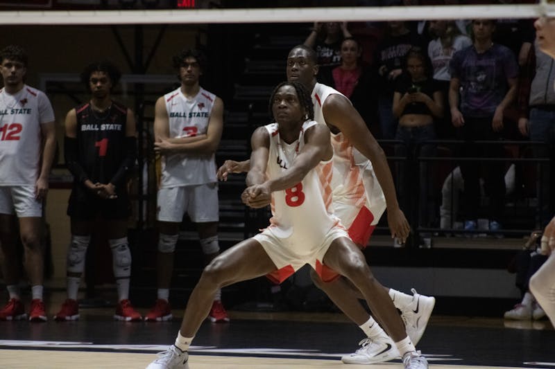 Senior middle blocker Vanis Buckholz stares at the ball against Brigham Jan. 16th at Worthen Arena. Buckholz earned All-Midwestern Intercollegiate Volleyball Association honors in 2024. Jayce Blane, DN