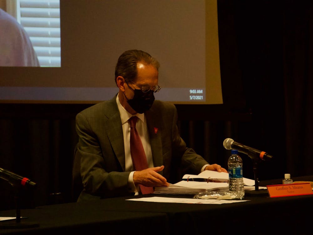 Ball State President Geoffrey Mearns prepares for the Board of Trustees meeting May 7, 2021, in the Student Center. Mearns announced the fall 2021 and spring 2022 semesters would include traditional fall and spring breaks. John Lynch, DN