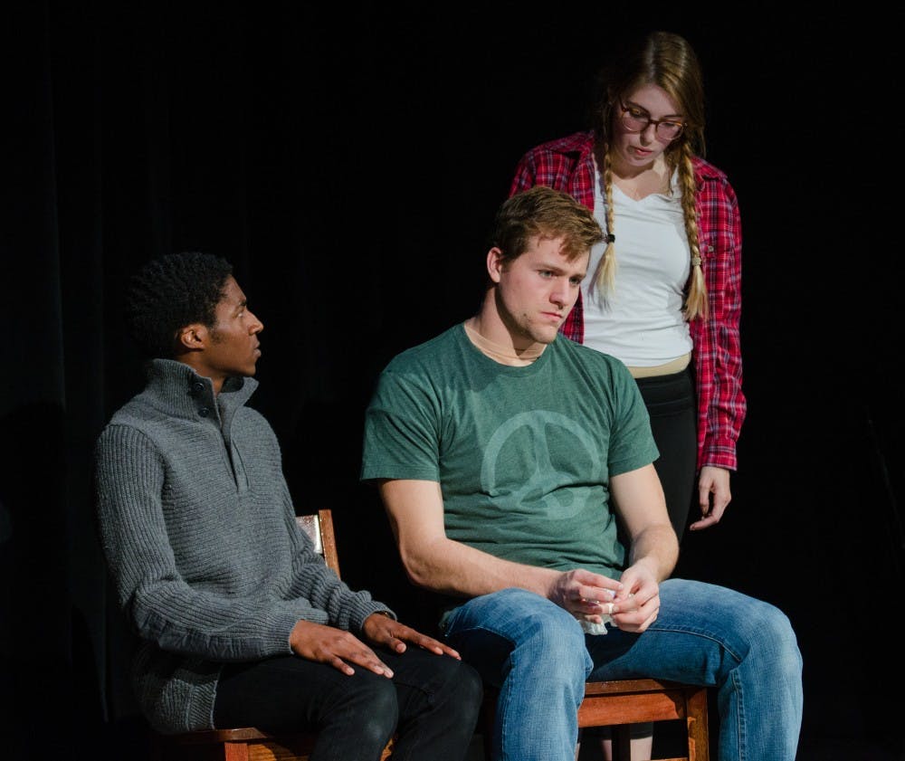 Many of the students in the production “Speech and Debate” can relate to the show because of its focus on sexuality. The show will open Tuesday at 7:30 p.m. in The Cave Studio Theatre. DN PHOTO KELLEN HAZELIP