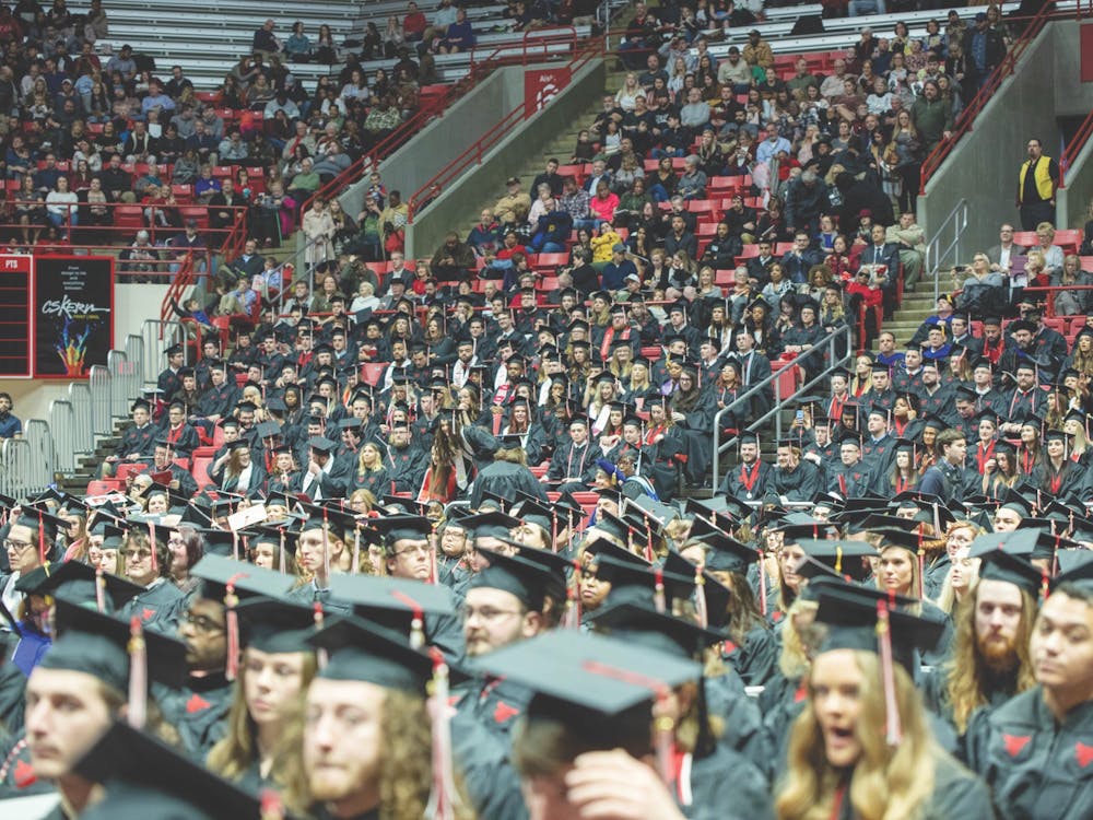 Fall 2019 Ball State graduates get ready to turn the tassels on their caps Dec. 14, 2019, at John E. Worthen Arena. Ball State&#x27;s spring 2020 graduation ceremony was postponed due to COVID-19 concerns, and those graduates were invited to attend commencement this semester. Jacob Musselman, DN