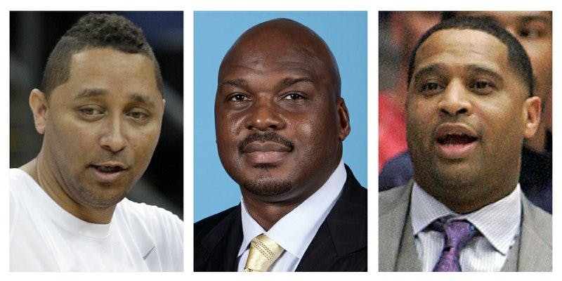 These file photos show, assistant basketball coaches Tony Bland, left, Chuck Person, center, and Lamont Richardson. The three, along with assistant coach Lamont Evans of Oklahoma State, were identified in court papers and are among 10 people facing federal charges in Manhattan federal court, Tuesday, Sept. 26, 2017, in a wide probe of fraud and corruption in the NCAA, authorities said. AP Photo