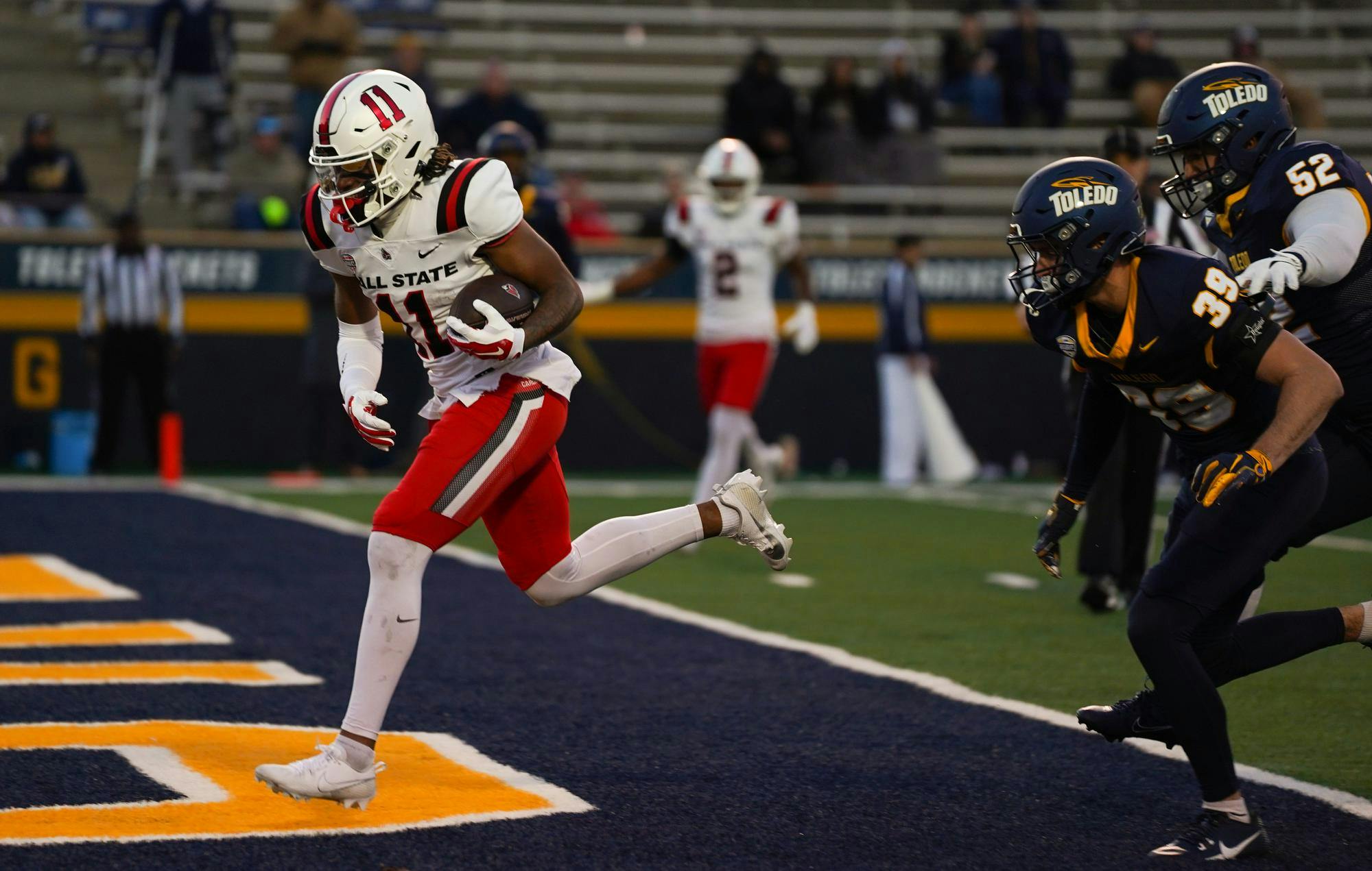 Sophomore wide reciever Isaiah Thacker runs the ball into the end zone for Ball States first touch down of the game Nov. 22 at Glass Bowl Stadium. Isabella Kemper, DN