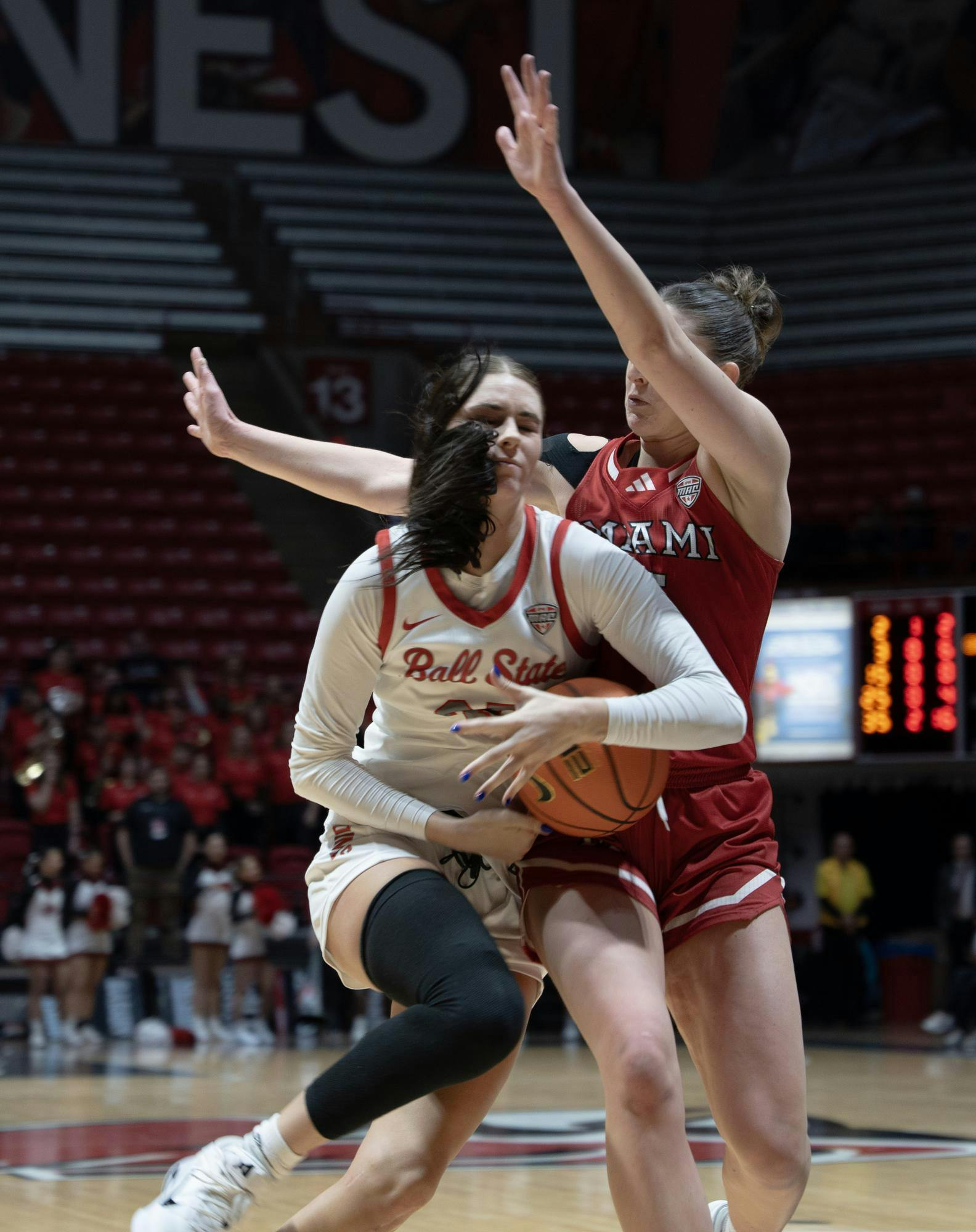 Ball Senior Bree Salenbien pushes through Miami’s defense during the women’s basketball game on Jan. 24 in Worthen Arena. Salenbien put up 18 points against Miami. Kyle Ingermann, DN