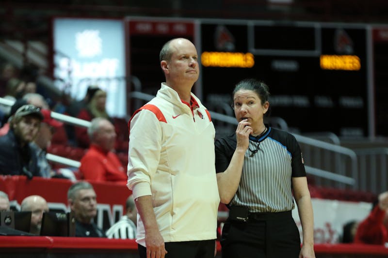 Ball State Women&#x27;s Basketball head coach Brady Sallee speaks to a referee in a game against Northern Illinois Feb. 1 at Worthen Arena. The Cardinals shot 53 percent from the field in the game. Brayden Goins, DN