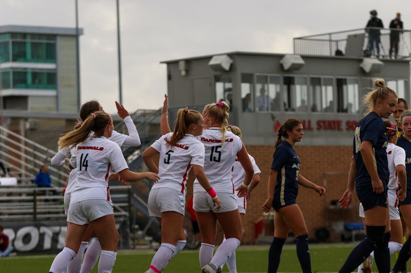 The Ball State women’s soccer team celebrates their first goal of the game against Akron on Oct. 13 at Briner Sports Complex. Eve Green, DN