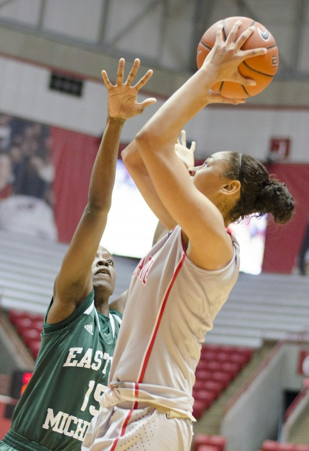 Junior forward Nathalie Fontaine goes for shot against Eastern Michigan on Feb. 23 at Worthen Arena. DN PHOTO BREANNA DAUGHERTY