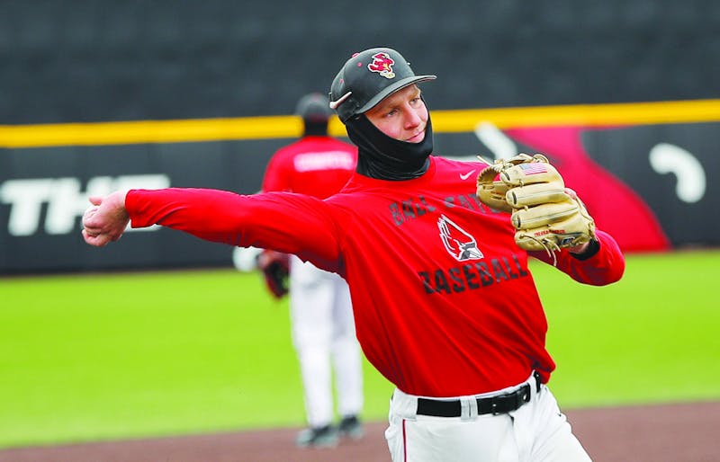 Senior infielder Alex Richter throws the ball during practice Feb. 11 at First Merchants Ballpark Complex. Richter was a three-year letter winner at Marietta College before coming to Ball State. Andrew Berger, DN