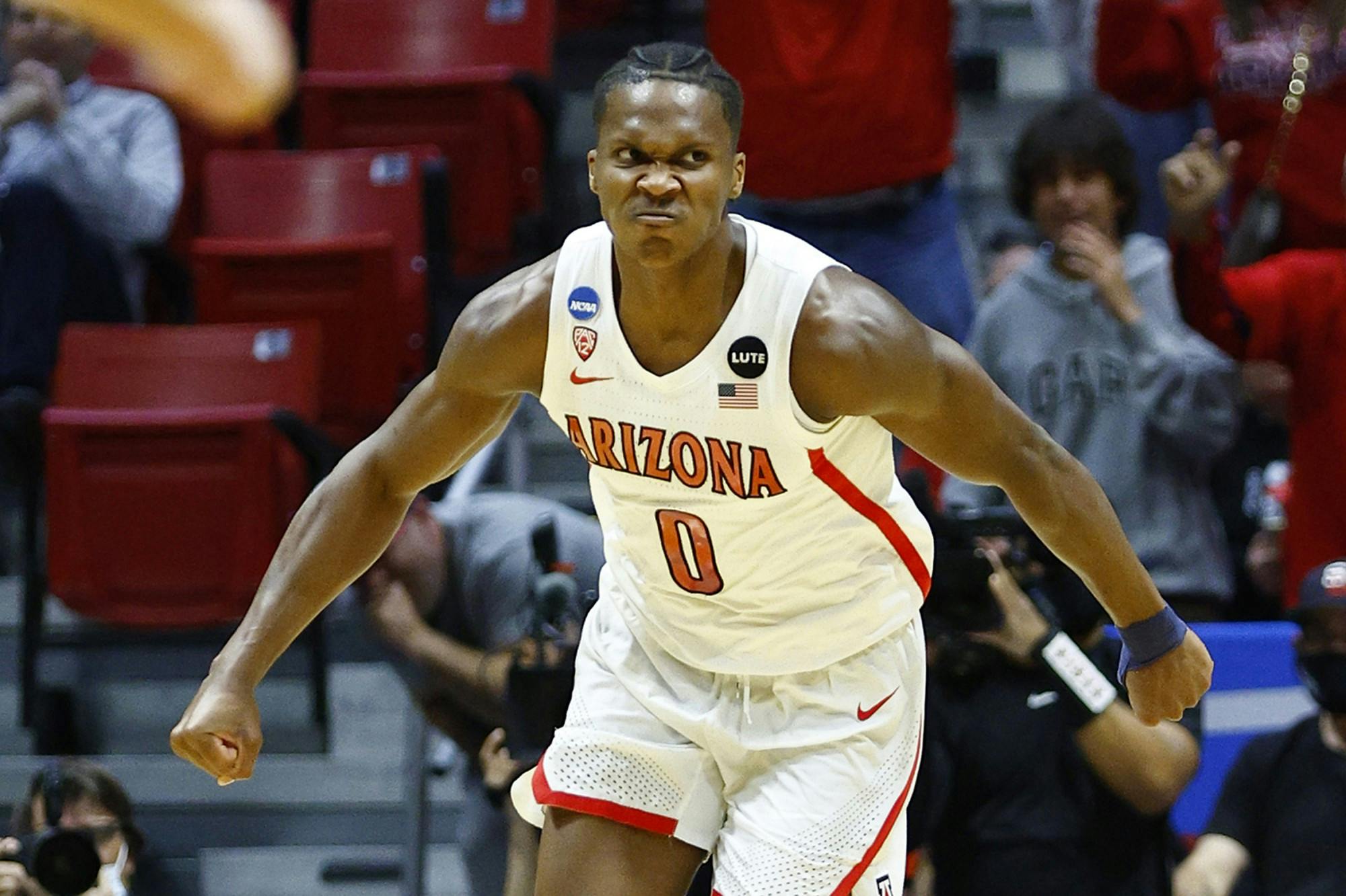 Arizona's Bennedict Mathurin (0) reacts after a dunk during the second half against TCU in the second round of the NCAA Tournament at Viejas Arena at San Diego State University on March 20, 2022, in San Diego. (Ronald Martinez/Getty Images/TNS)