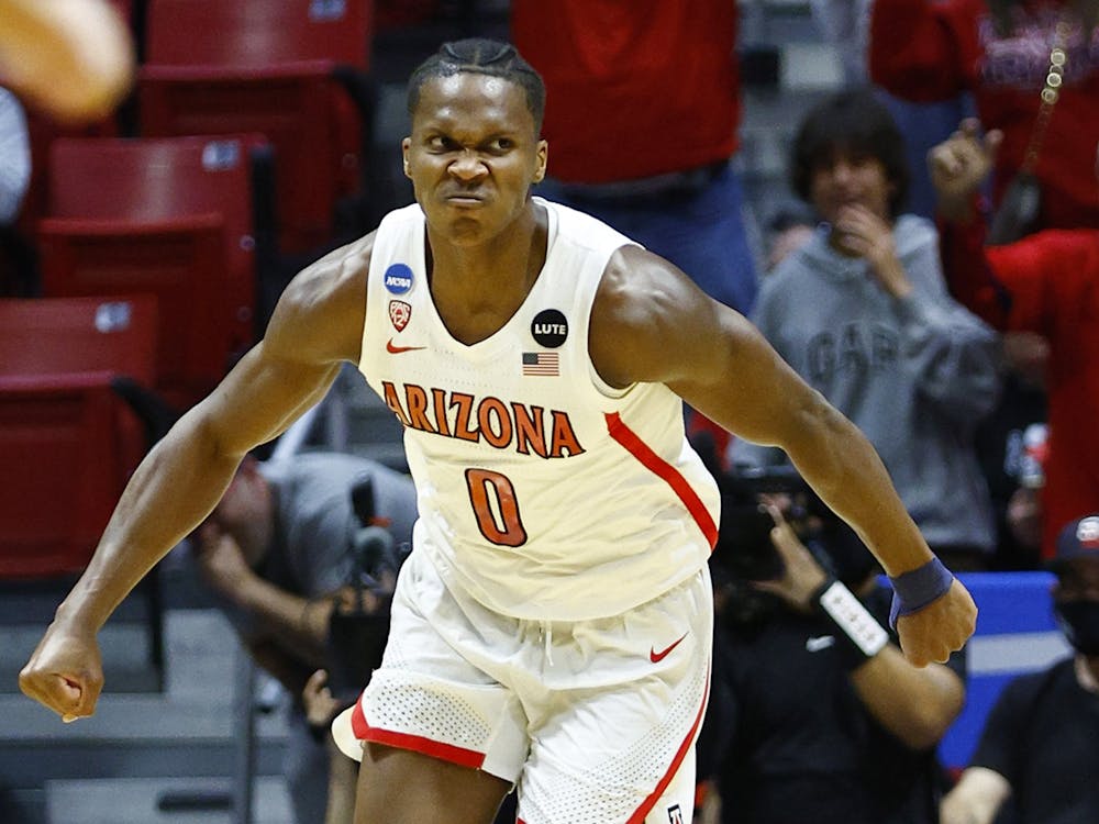 Arizona's Bennedict Mathurin (0) reacts after a dunk during the second half against TCU in the second round of the NCAA Tournament at Viejas Arena at San Diego State University on March 20, 2022, in San Diego. (Ronald Martinez/Getty Images/TNS)