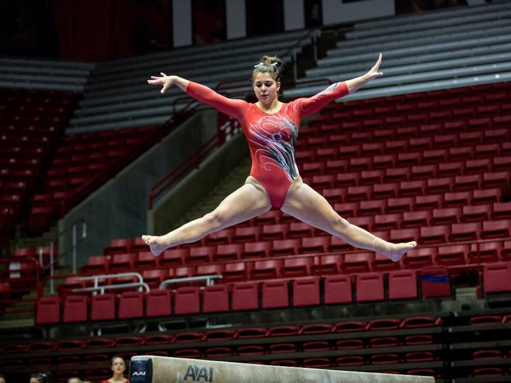 Ball State women's gymnastics team competed against Kent State Jan. 28 in John E. Worthen Arena. The Cardinals won 195.600-193.600.&nbsp;