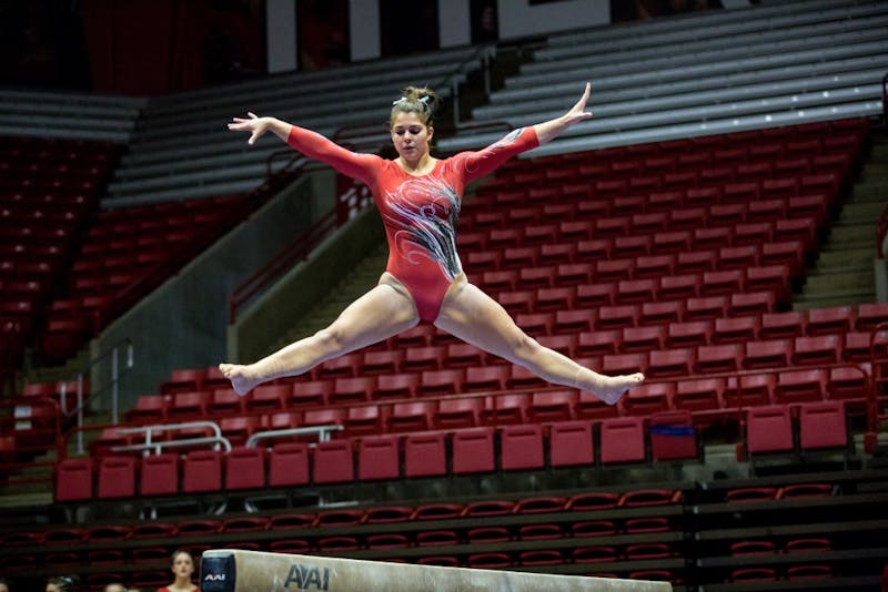 Ball State women's gymnastics team competed against Kent State Jan. 28 in John E. Worthen Arena. The Cardinals won 195.600-193.600.&nbsp;