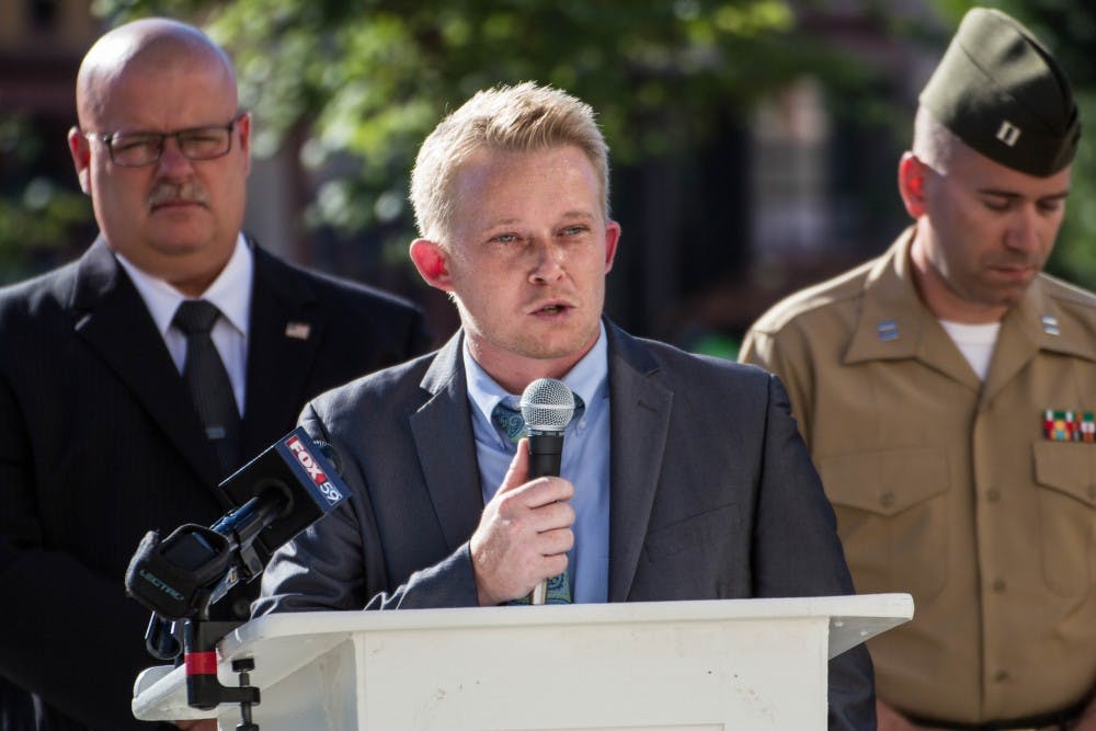 Nate Jones, the veteran affairs officer for Delaware County, hosted a ceremony awarding a Purple Heart Award to World War II veteran Junior Eugene Howell on Sept. 21 at the Delaware County Building in Muncie, Indiana. Howell, who served from June 1943 to January 1946, was hit by shrapnel 72 years ago to the day. Grace Ramey // DN