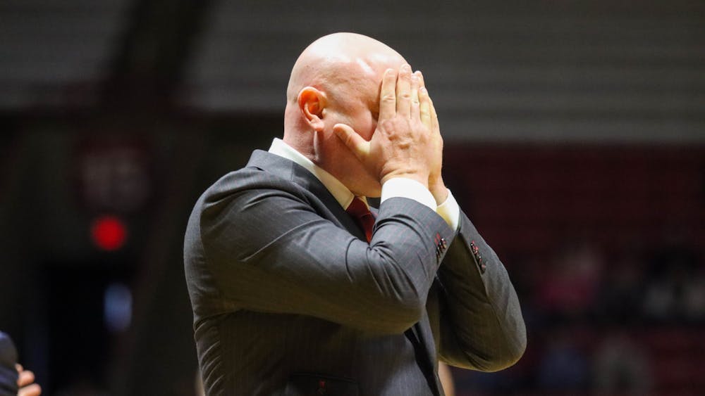Ball State head coach Michael Lewis reacts to a call Jan. 27 against Northern Illinois at Worthen Arena. Ball State beat Northern Illinois 81-71. Isaiah Wallace, DN.
