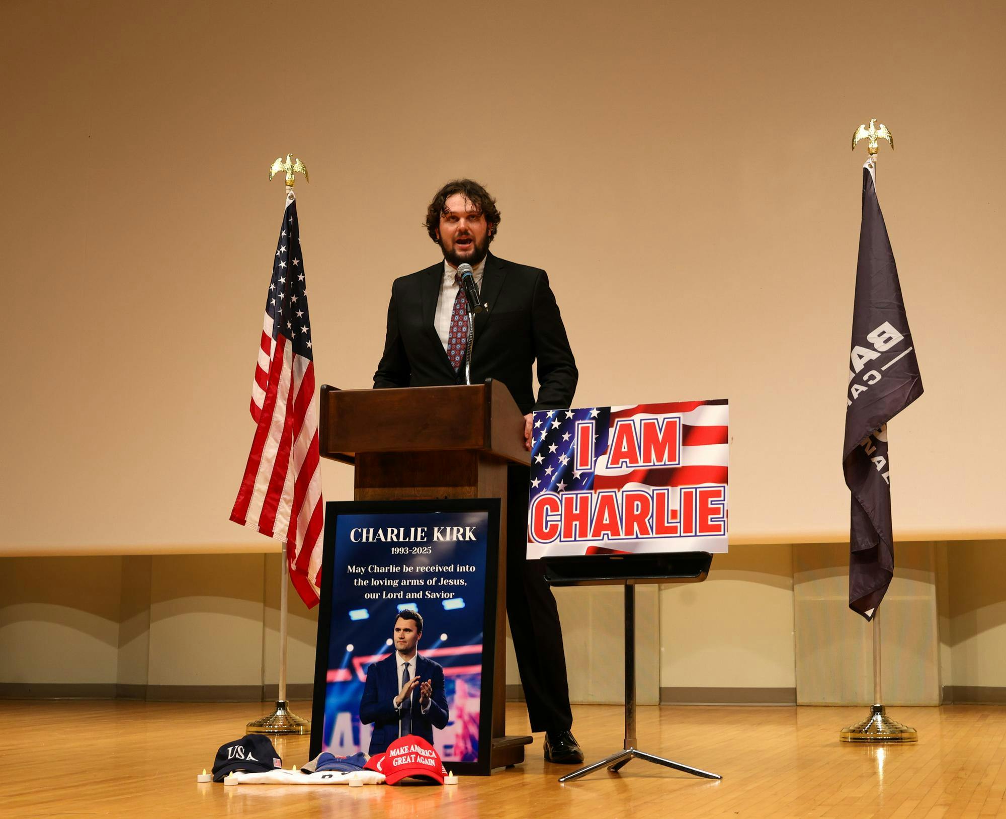The president of Ball State’s Turning Point chapter starts off the Charlie Kirk prayer vigil with a speech in honor of Kirk on Sept. 22 at Pruis Hall, Ball State University. Anna Evilsizor, DN.