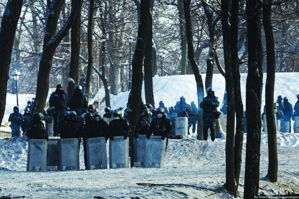 Soldiers and Ukrainian police hold shields on the horizon Jan. 22.  PHOTO PROVIDED BY ILYA VARLAMOV