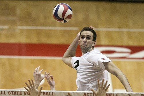 Senior Matt Leske prepares to spike the ball during the game against Lindenwood on Saturday in Worthen Arena. The Cardinals will play a double header this Saturday and Sunday against Grand Canyon. DN PHOTO JORDAN HUFFER