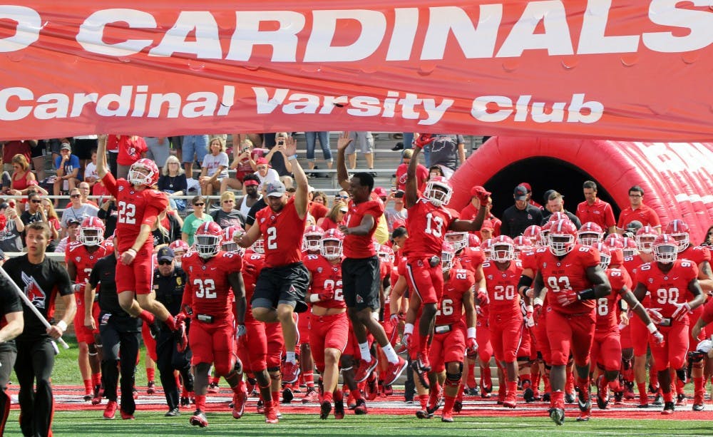 Ball State takes the field before their game against Tennessee Tech on Sept. 16 at Scheumann Stadium. Ball State won 28-13 on family weekend. Paige Grider, DN