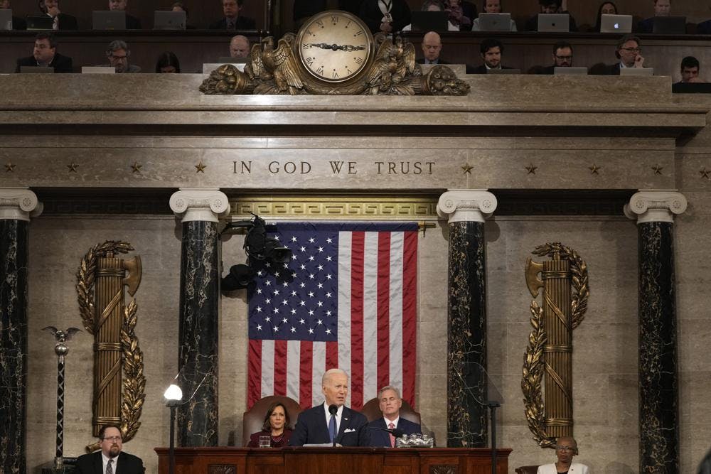 President Joe Biden delivers the State of the Union address to a joint session of Congress at the U.S. Capitol, Tuesday, Feb. 7, 2023, in Washington, as Vice President Kamala Harris and House Speaker Kevin McCarthy of Calif., watch. (AP Photo/Jacquelyn Martin, Pool)

