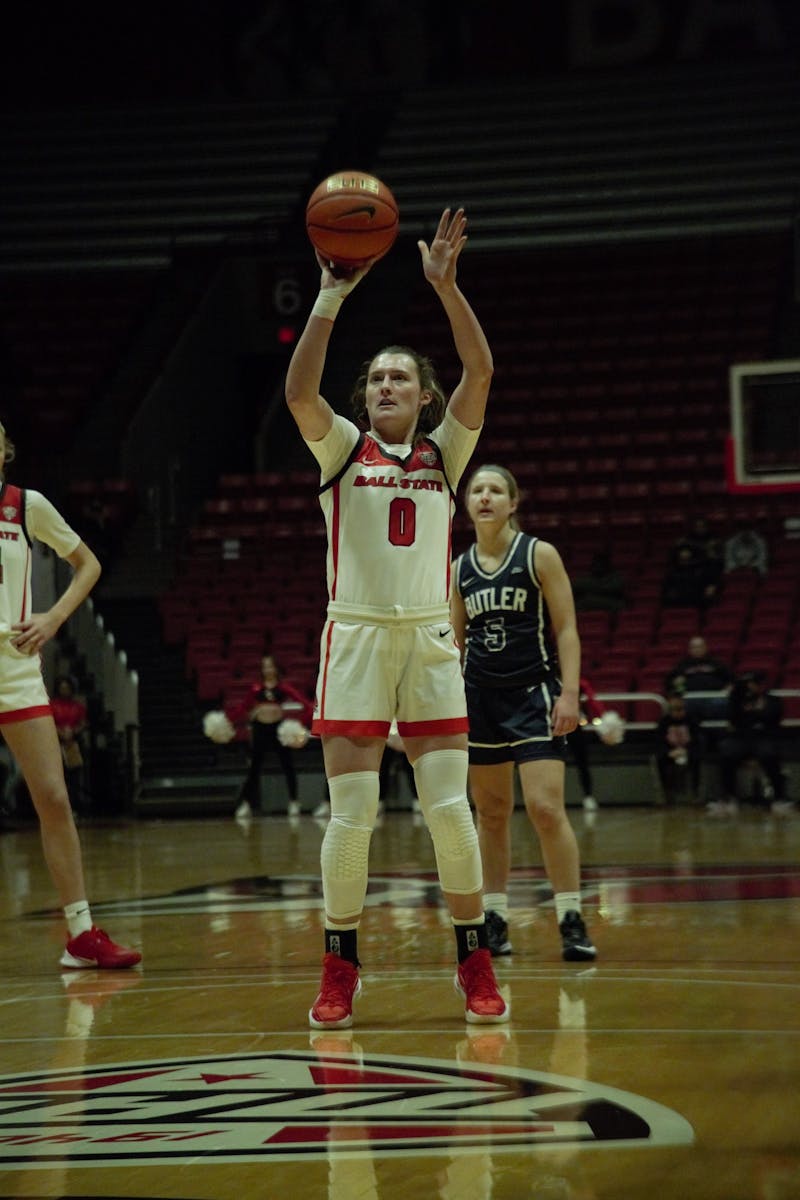 Sophomore Ally Becki shoots a free throw in a game against Butler Nov. 17 at Worthen Arena. Becki was perfect from the line today, shooting 6-6. Brayden Goins, DN