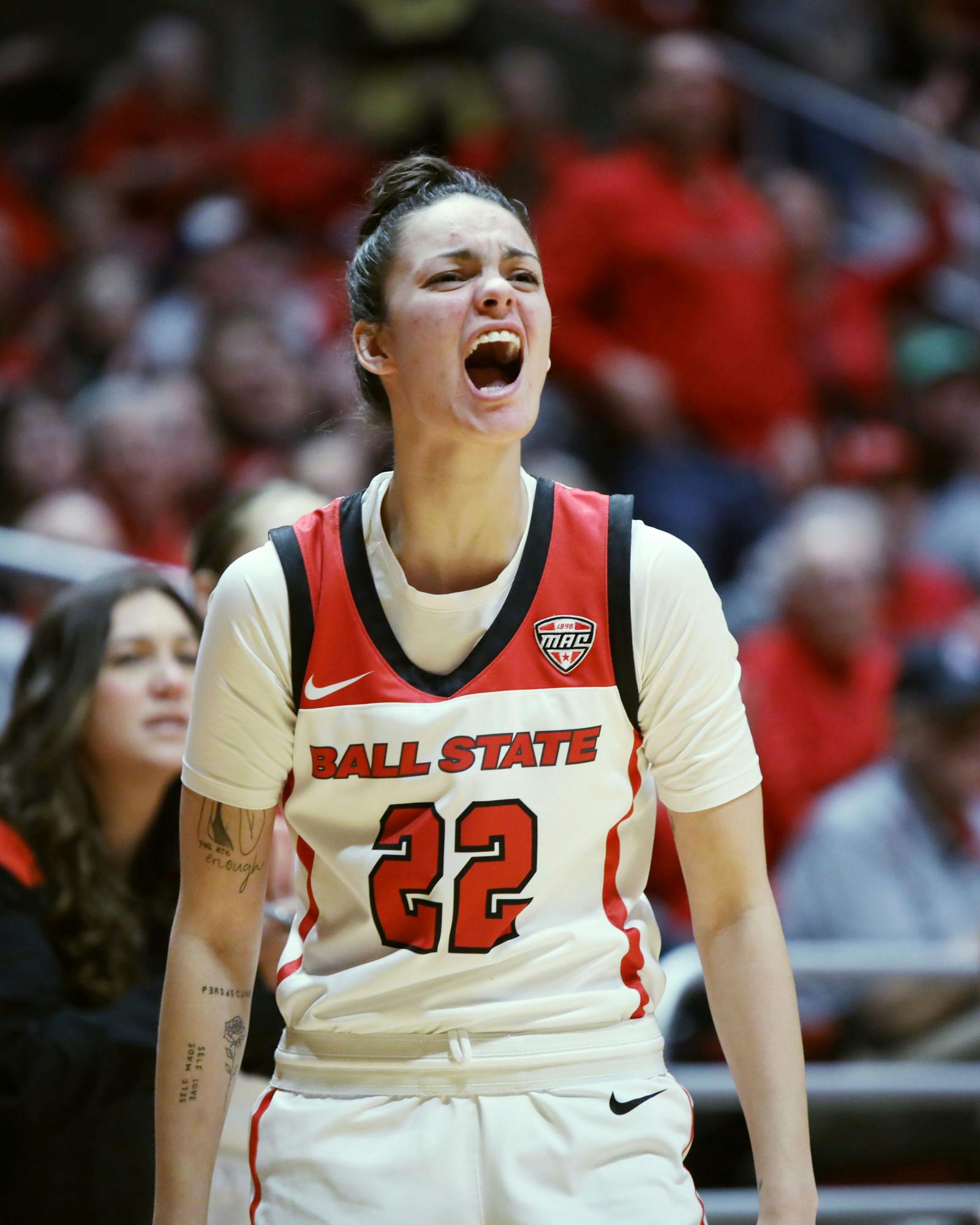 Senior Estel Puiggros reacts to a teammate being fouled in a game against Toledo Feb. 25 at Worthen Arena. Amber Pietz, DN
