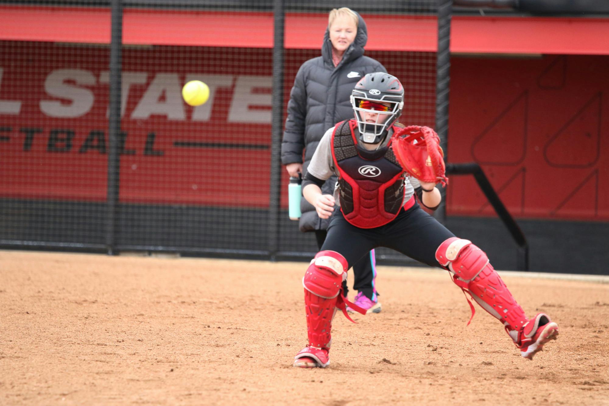 Catcher Aislinn Morris prepares to catch the ball during a practice Feb. 14 at the Softball Filed at First Merchants Ballpark Complex. Zach Carter, DN