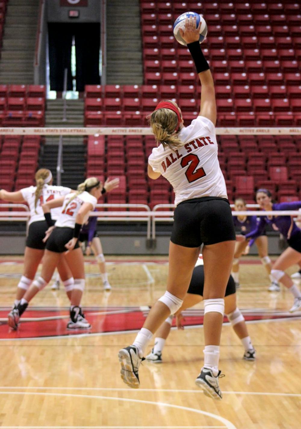 Fifth year senior outside hitter Alex Fuelling serves the ball in the first game of the Active Ankle Challenge against Albany on Aug. 28 at Worthen Arena. DN PHOTO MAKAYLA JOHNSON