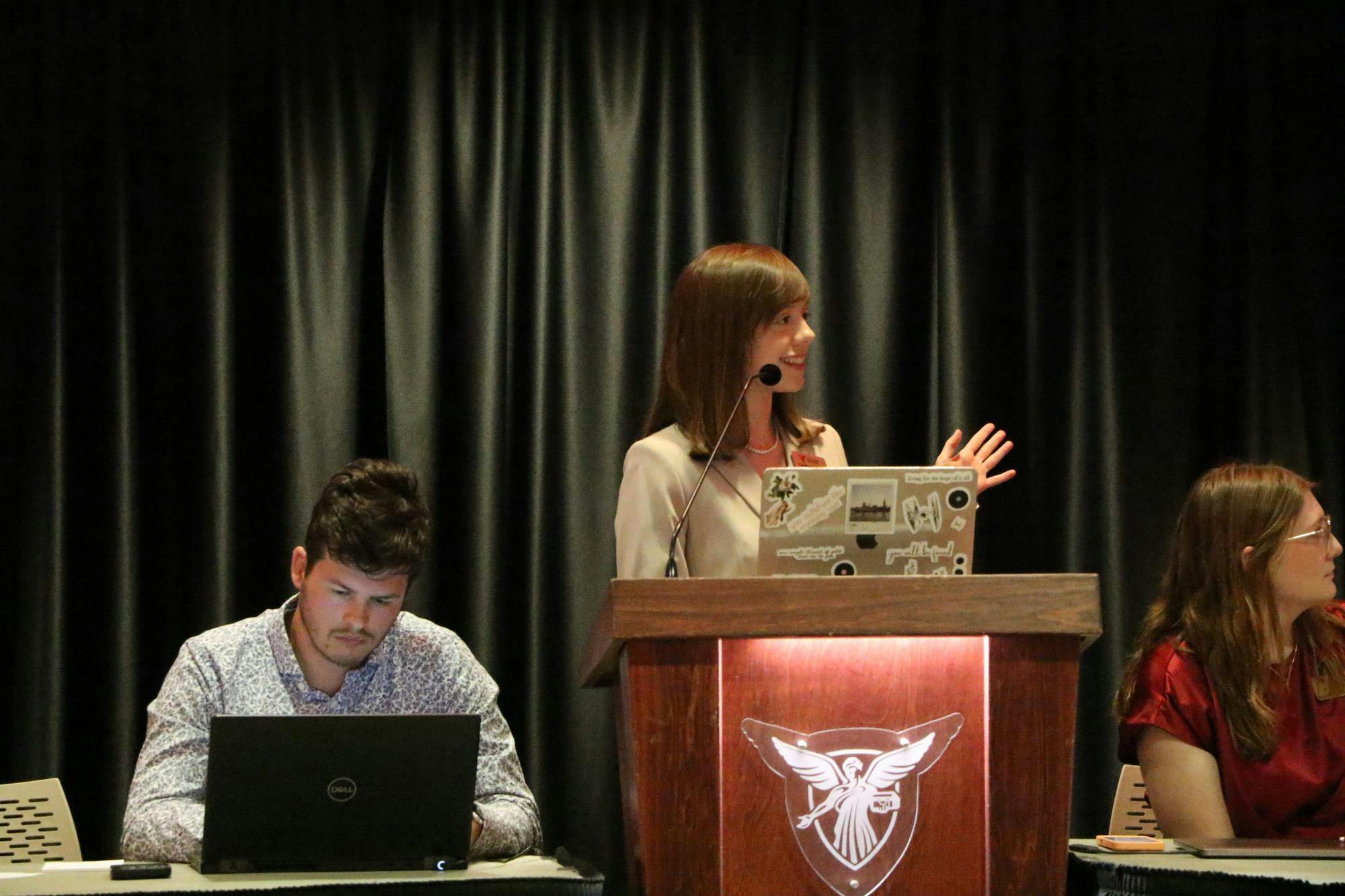 Ball State's Student Government Association (SGA) senator Caroline Emerick, a third-year human resources management student gives presentation regarding her qualifications for treasurer during the 2025-2026 academic year.  At the March 19 SGA meeting, elections were held to determine executive positions inside the L.A Pittenger Student Center Cardinal Hall A. Shelby Anderson, DN
