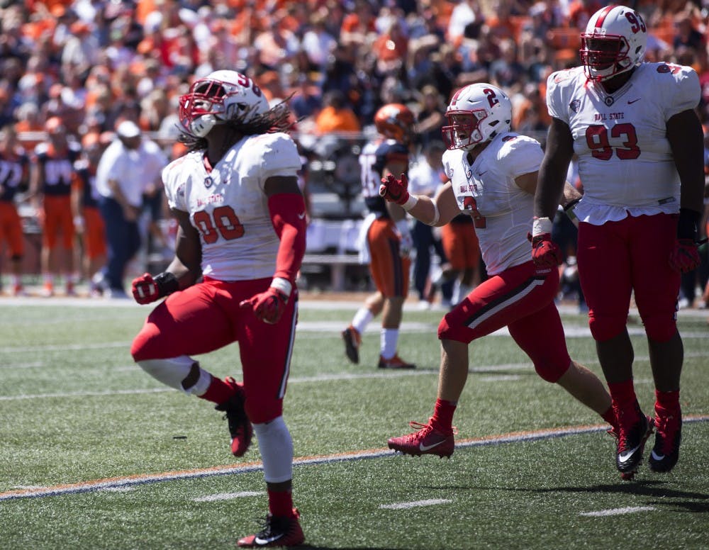 <p>Ball State defensive end Anthony Winbush celebrates after back-to-back sacks against the University of Illinois on Sept. 2, 2017. Winbush also had seven tackles during the Caridnals 24-21 loss. <strong>Robby General, DN</strong></p>