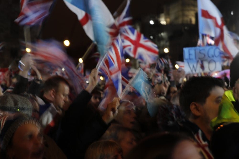 <p>Brexit supporters react during a rally in London, Friday, Jan. 31, 2020. The U.K. is scheduled to leave the EU at 23:00 GMT Friday, the first nation in the bloc to do so. <strong>(AP Photo/Frank Augstein)</strong></p>