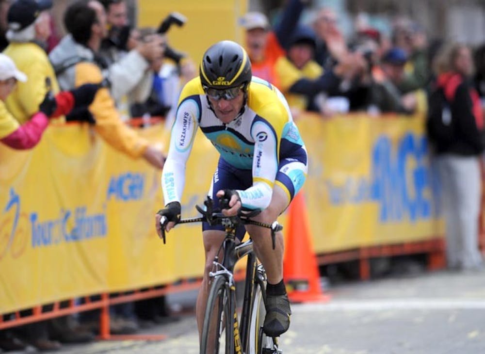 Lance Armstrong crosses the finish line during the Amgen Tour of California on Saturday, February 14, 2009, in Sacramento. (Hector Amezcua/Sacramento Bee/MCT)