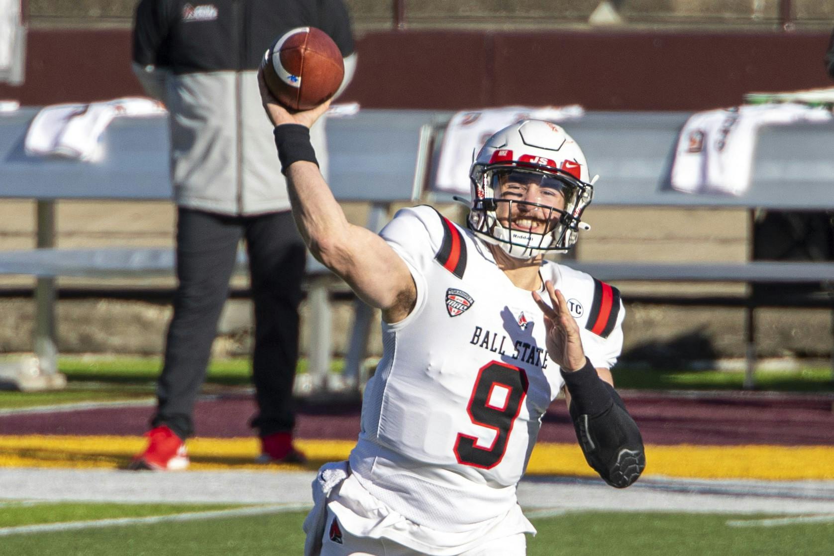 Ball State Cardinals redshirt senior quarterback Drew Plitt drops back for a pass in the first half of a game against the Central Michigan Chippewas Dec. 5, 2020, at Kelly/ Shorts Stadium in Mount Pleasant, Mich. The Cardinals beat the Chippewas 45-20. Jacob Musselman, DN