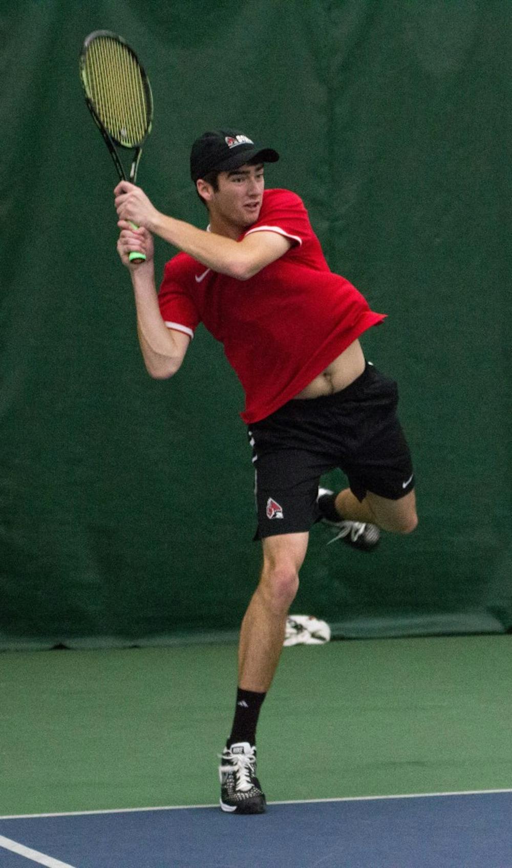 Senior Andrew Stutz won in straight sets during the match against Eastern Illinois' Jared Woodson on Jan. 22 at Muncie's Northwest YMCA. Stutz won both sets 6-1. Grace Ramey // DN