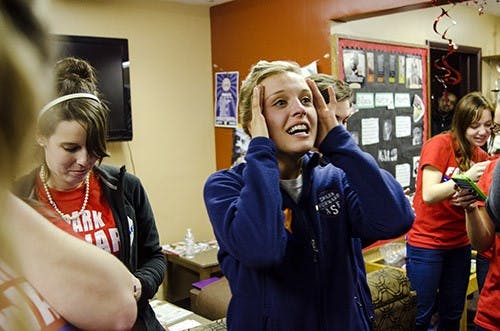 SGA Slate Winner - Chloe Anagnos, Student Government Association vice president-elect, reacts after it’s announced that Spark won the 2013 SGA election. Spark won by 200 votes. DN PHOTO MARCEY BURTON