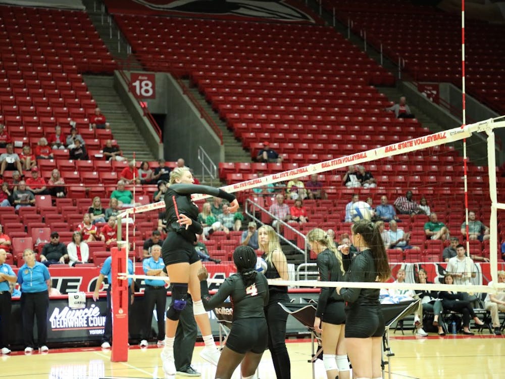 Senior middle blocker Sydnee VanBeek hits a ball during warmups for the Ball State Tournament Aug. 30, in Worthen Arena. The Cardinals defeated UAB, 3-0, and lost to USF, 3-2. Gabbi Glass, DN