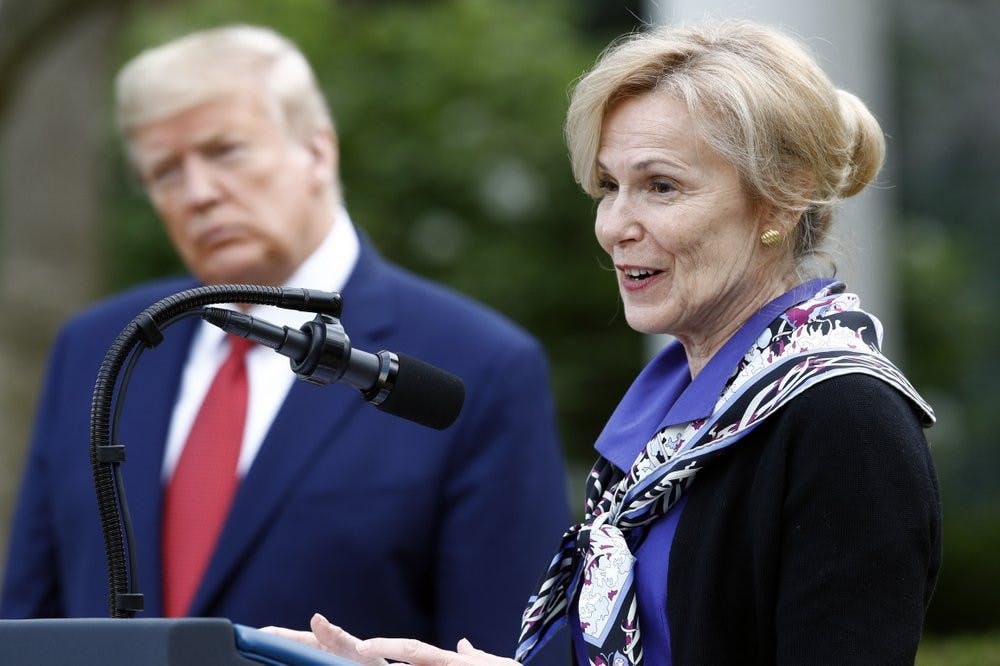 Dr. Deborah Birx, White House coronavirus response coordinator, speaks during a coronavirus task force briefing in the Rose Garden of the White House, March 29, 2020, in Washington, as President Donald Trump listens. (AP Photo/Patrick Semansky)