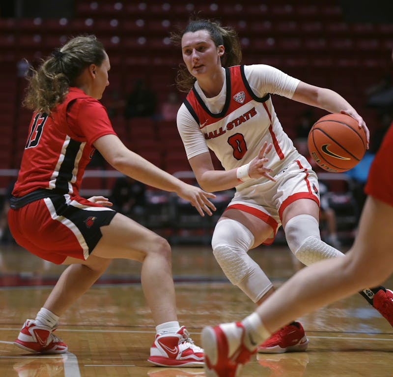 Sophomore Ally Becki dribbles the ball in an exhibition game against Wheeling University Nov. 1 at Worthen Arena. Amber Pietz, DN
