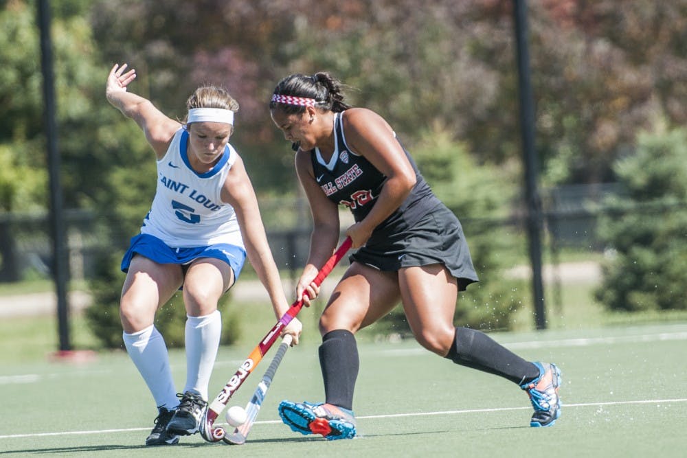 Sophomore midfielder Mikayla Mooney attempts to maintain possession during the game against St. Louis at the BSU Turf field on Sept. 28. DN PHOTO JONATHAN MIKSANEK