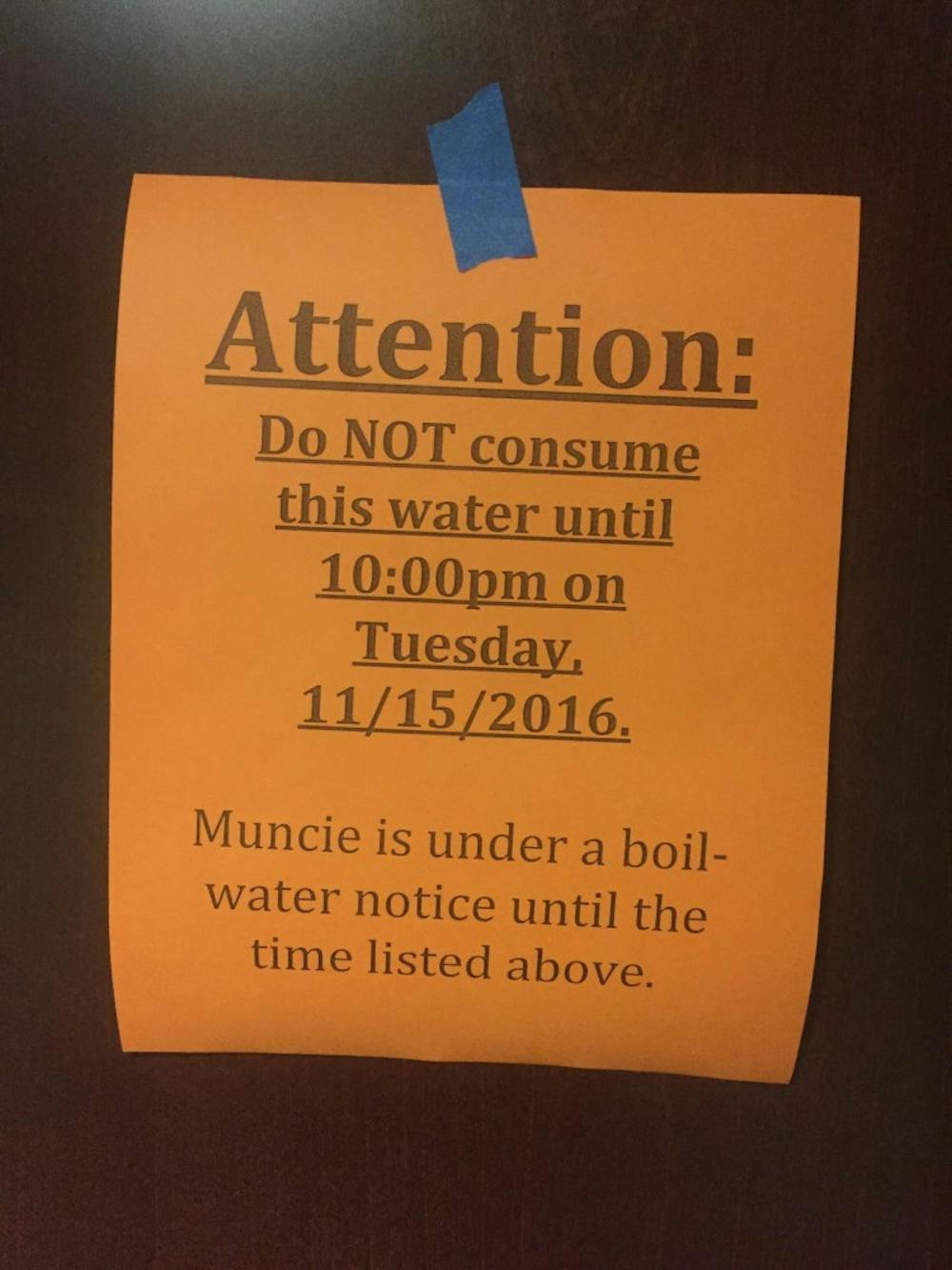 A flier was posted within residence halls on Ball State's campus in order to inform residents of the 24-hour&nbsp;boil notice issued on Nov. 14. Many worried about lead contamination, like in Flint, Michigan, but&nbsp;Muncie's water supply is now safe to consume.&nbsp;Provided Photo